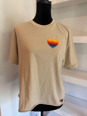 Aviator Nation Cream Tee with Rainbow Stripe Heart ❤️ Logo